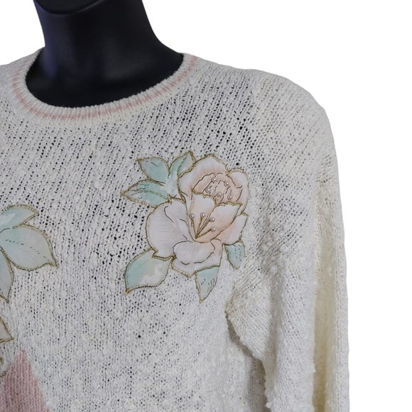 Jaclyn Smith VTG Knit Sweater Women's Large Beaded Floral Cream Pink Long Sleeve - Picture 12 of 16